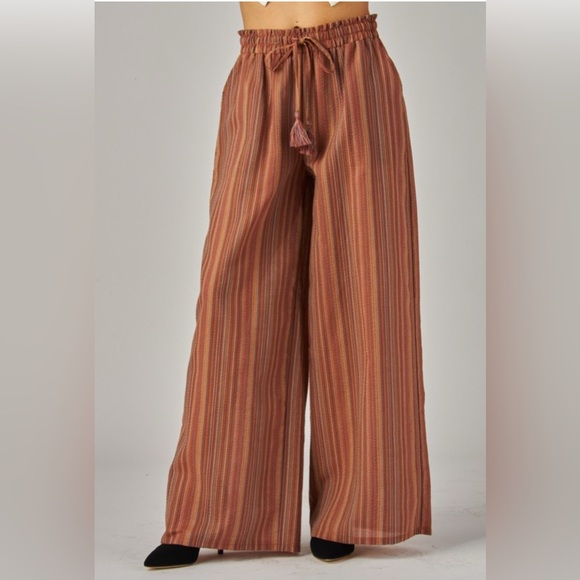 Elegant Brown Striped Wide Leg Pants - Picture 2 of 5
